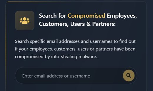 Hudson Rockの個人向け検索欄の切り出し。Enter email address or usernameと表示されている