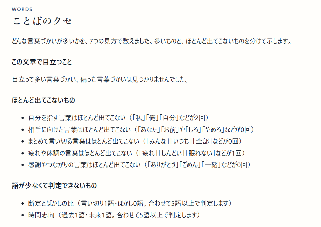 ことばのクセの画面。目立って多い言葉づかいは見つからず、自分を指す言葉2回、相手に向けた言葉0回などがほとんど出てこないもの。断定とぼかしの比、時間志向は語が少なくて判定できない
