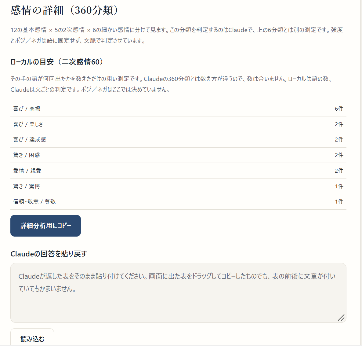 感情の詳細（360分類）の画面。ローカルの目安の表、詳細分析用にコピーのボタン、Claudeの回答を貼り戻す欄と読み込むボタン