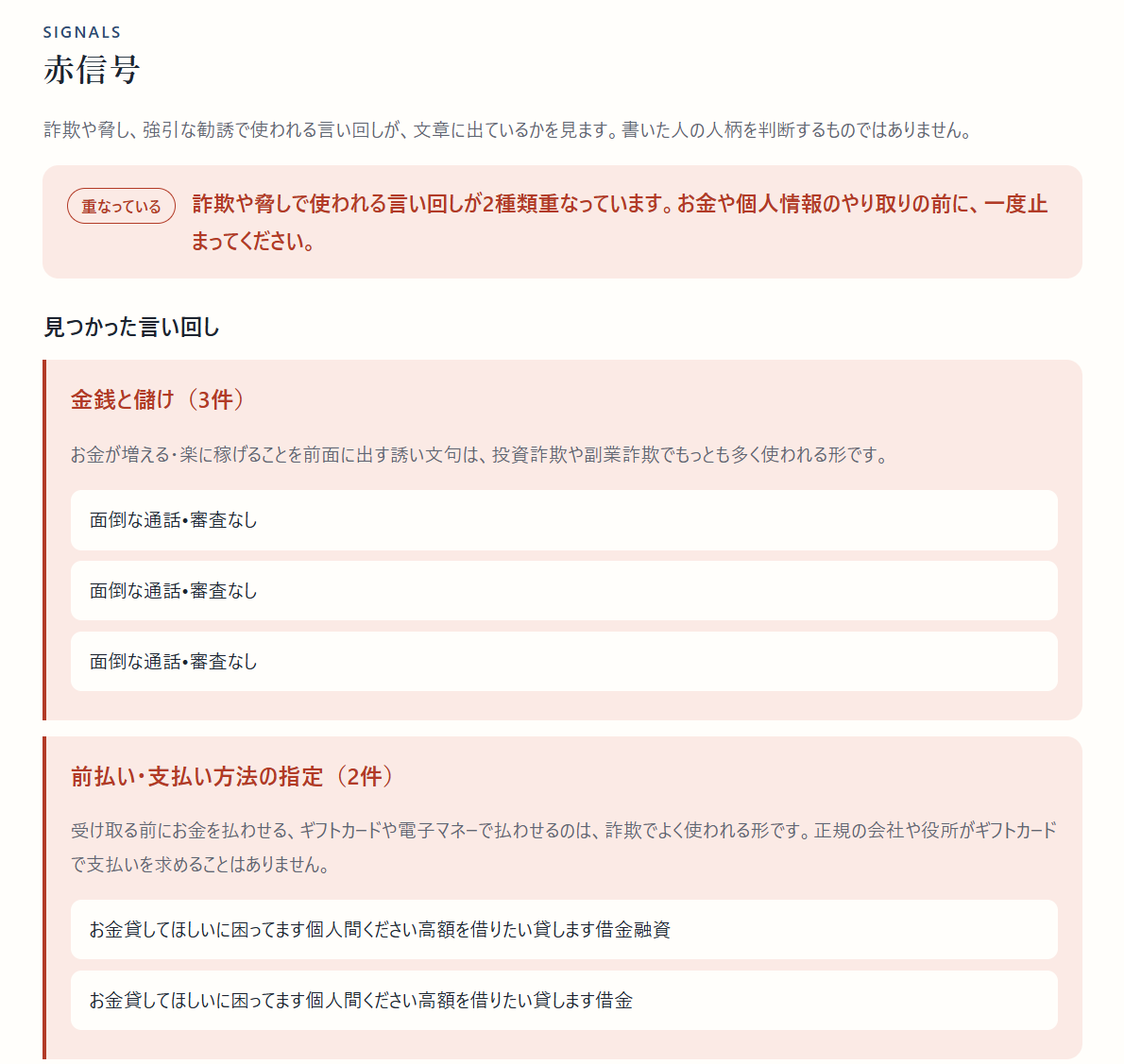 赤信号「重なっている」の別の例。金銭と儲け（3件、面倒な通話・審査なし）と前払い・支払い方法の指定（2件、お金貸してほしい、個人間、借金融資などの語の並び）