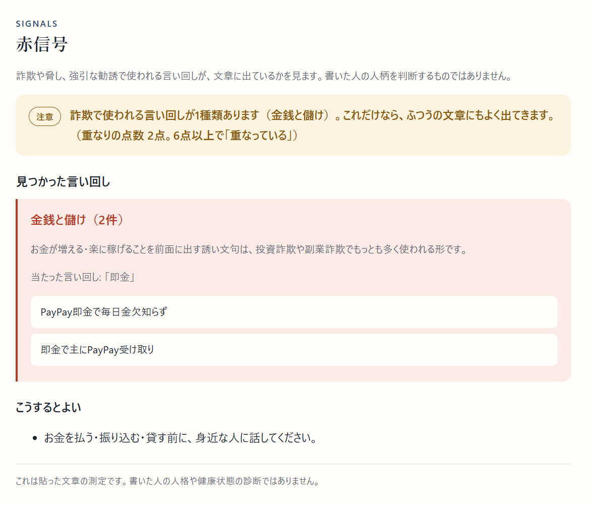 赤信号「注意」の画面。金銭と儲け（2件）、当たった言い回しは「即金」。重なりの点数2点
