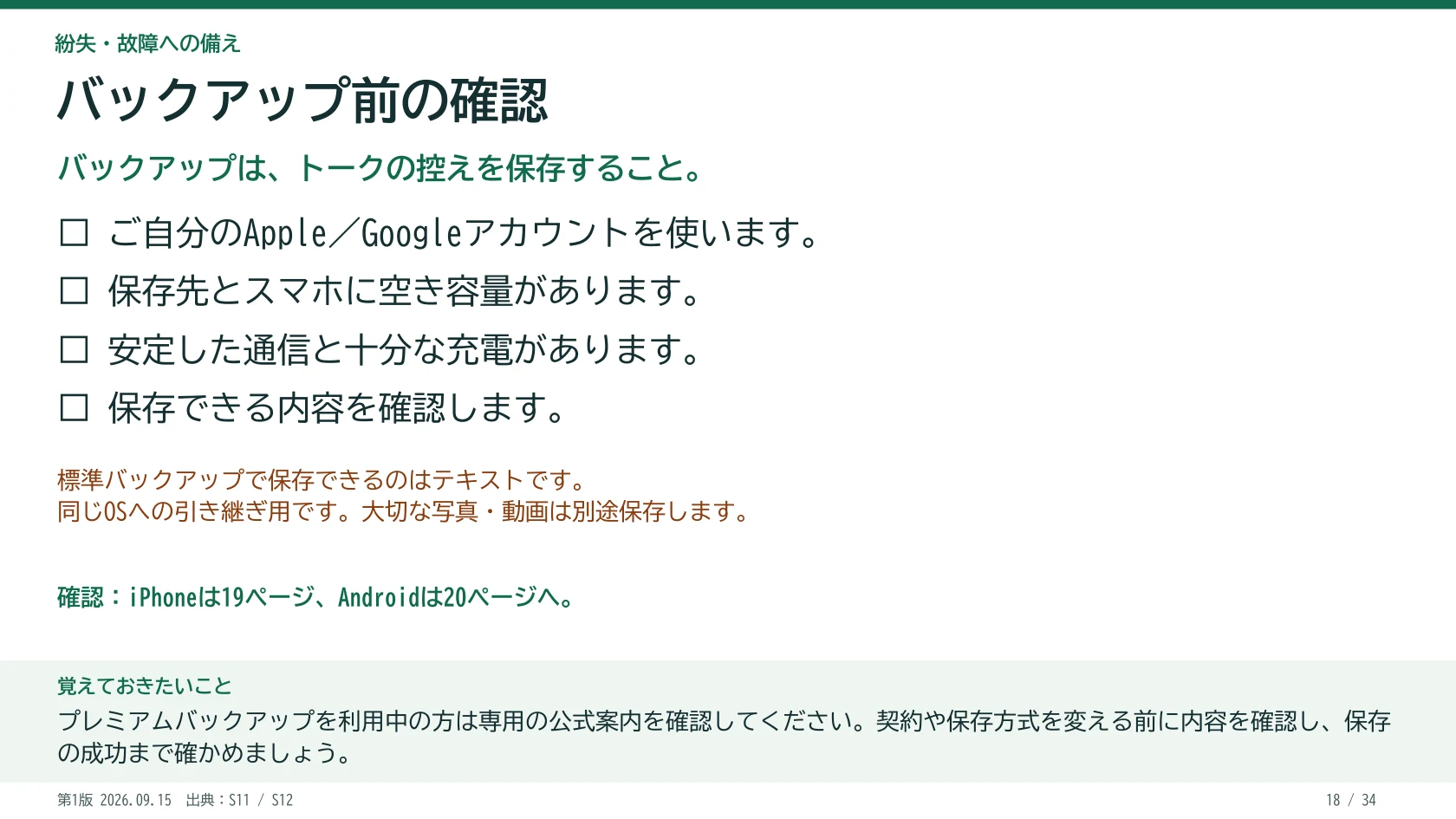 バックアップ前の確認 バックアップは、トークの控えを保存すること。 □ ご自分のApple/Googleアカウントを使います。 □ 保存先とスマホに空き容量があります。 □ 安定した通信と十分な充電があります。 □ 保存できる内容を確認します。 iPhoneは19ページ、Androidは20ページへ。 標準バックアップで保存できるのはテキストです。 同じOSへの引き継ぎ用です。大切な写真・動画は別途保存します。 覚えておきたいこと:プレミアムバックアップを利用中の方は専用の公式案内を確認してください。契約や保存方式を変える前に内容を確認し、保存の成功まで確かめましょう。